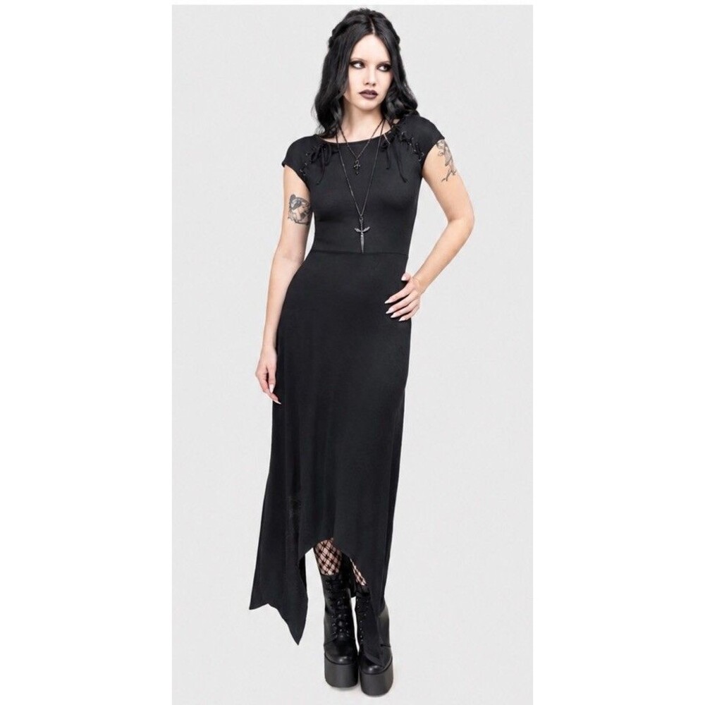 KILLSTAR Nightwane Dress XXL Black Gothic Maxi Asymmetrical Lace Up Goth